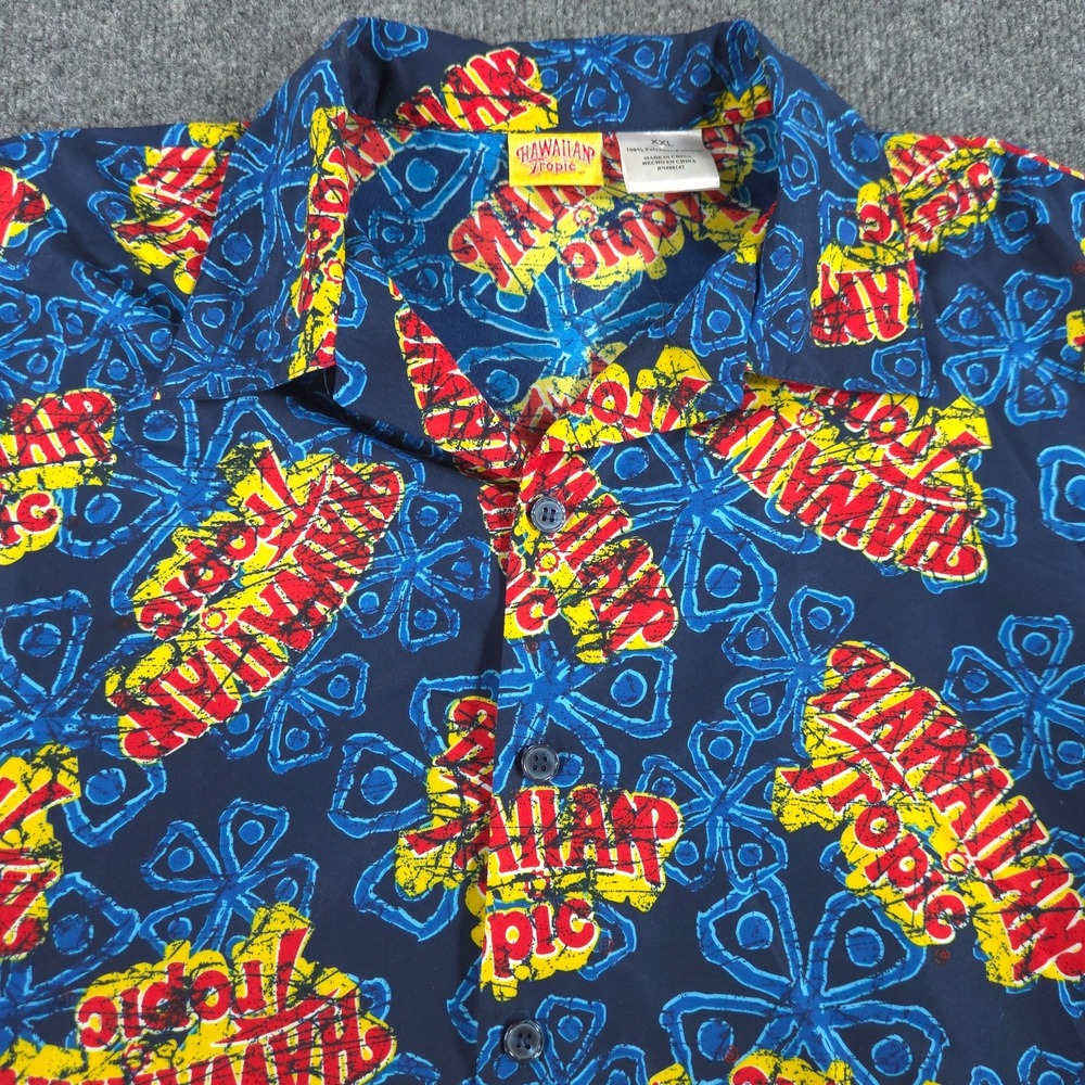 Hawaiian Tropic Men's XXL 2XL Blue Logo Short Sleeve Button Down Shirt
